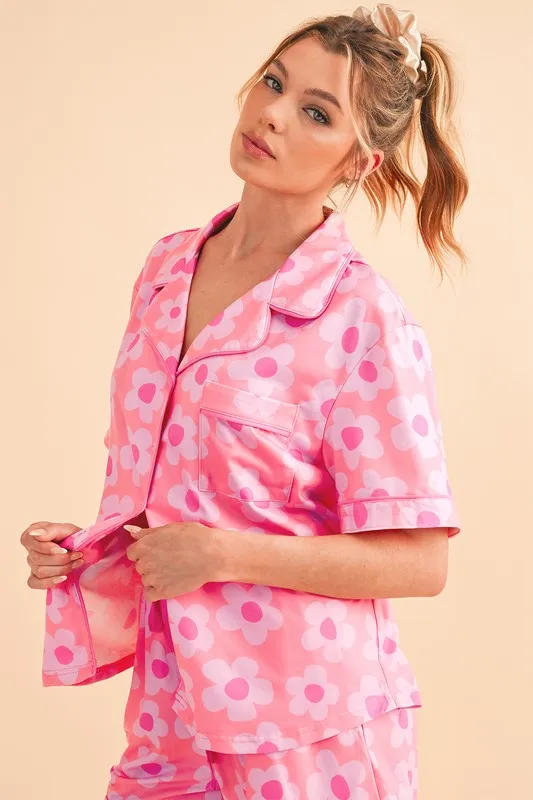 Floral Button-Front Pajama Set – V-Neck Short Sleeve Top & Drawstring Shorts