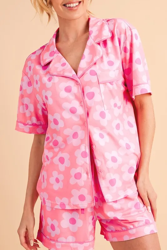 Floral Button-Front Pajama Set – V-Neck Short Sleeve Top & Drawstring Shorts