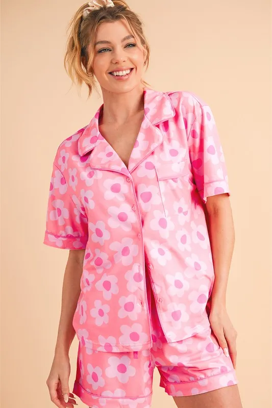Floral Button-Front Pajama Set – V-Neck Short Sleeve Top & Drawstring Shorts