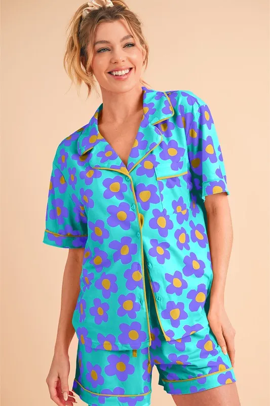 Floral Button-Front Pajama Set – V-Neck Short Sleeve Top & Drawstring Shorts