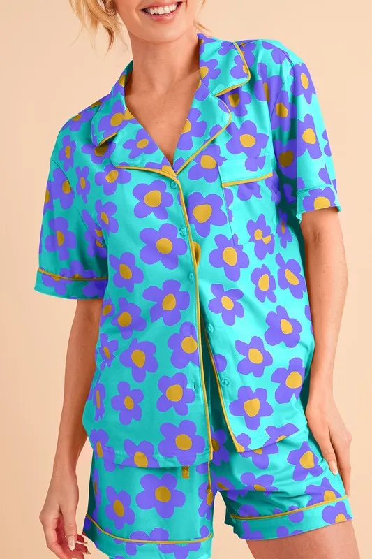 Floral Button-Front Pajama Set – V-Neck Short Sleeve Top & Drawstring Shorts