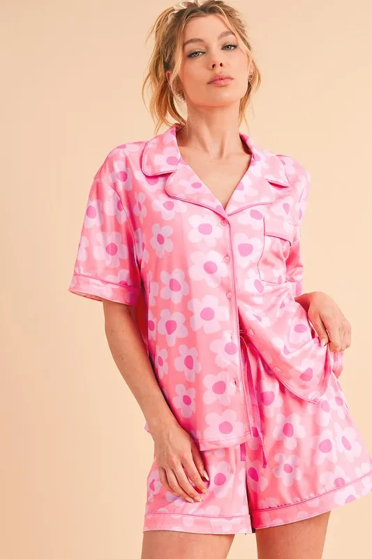 Floral Button-Front Pajama Set – V-Neck Short Sleeve Top & Drawstring Shorts