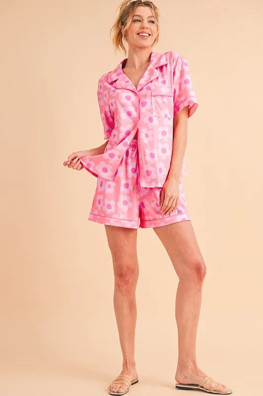 Floral Button-Front Pajama Set – V-Neck Short Sleeve Top & Drawstring Shorts