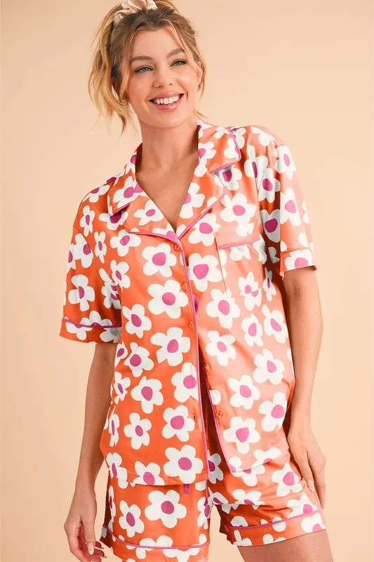 Floral Button-Front Pajama Set – V-Neck Short Sleeve Top & Drawstring Shorts