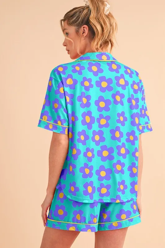 Floral Button-Front Pajama Set – V-Neck Short Sleeve Top & Drawstring Shorts