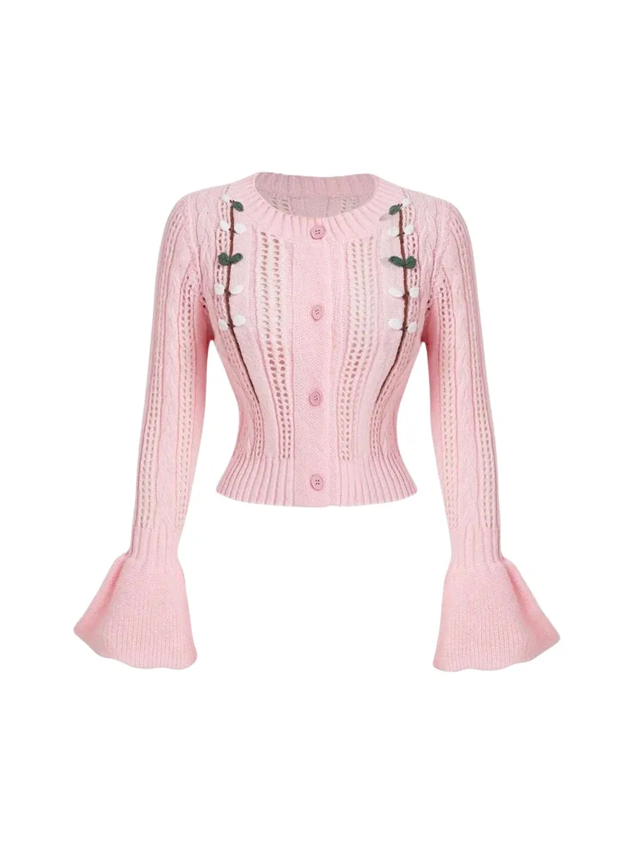 Giuditta Chic Bell Sleeve Cardigan with Floral Detailing in Pink