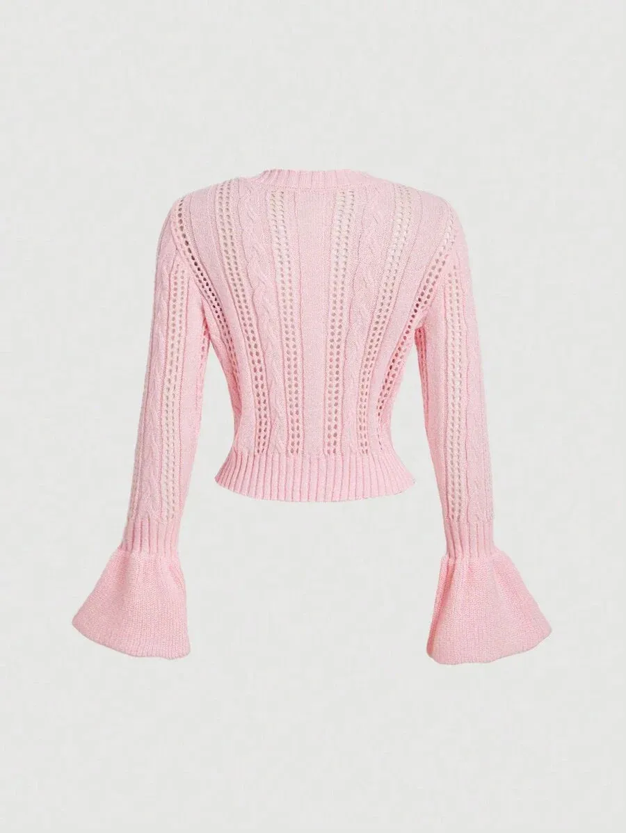 Giuditta Chic Bell Sleeve Cardigan with Floral Detailing in Pink