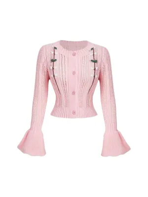 Giuditta Chic Bell Sleeve Cardigan with Floral Detailing in Pink
