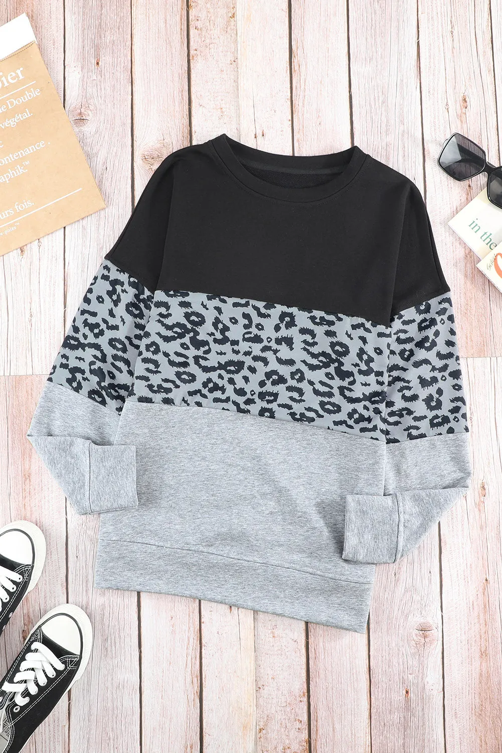 Gray Colorblock Leopard Sweatshirt