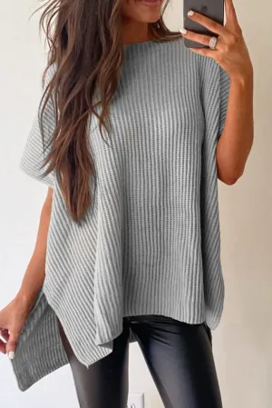 Gray Short Sleeve Side Slit Oversized Sweater
