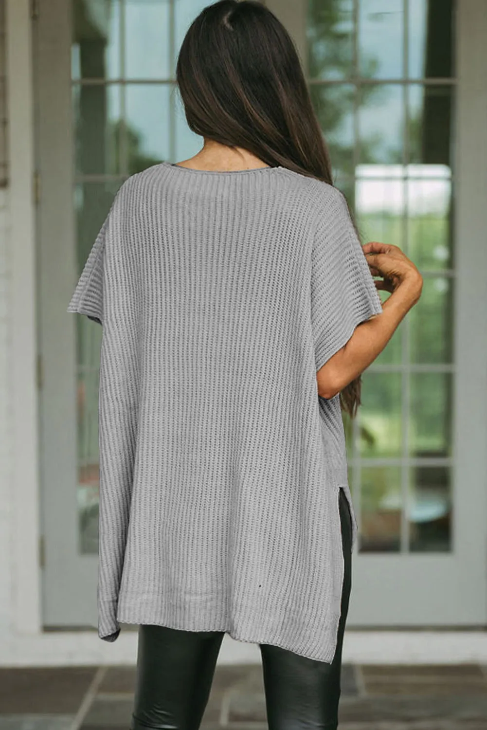 Gray Short Sleeve Side Slit Oversized Sweater