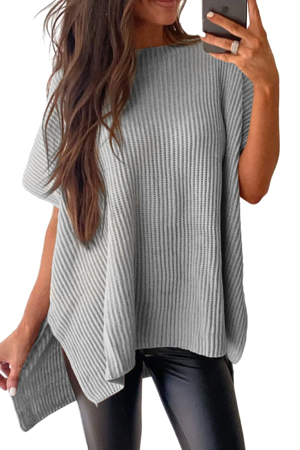 Gray Short Sleeve Side Slit Oversized Sweater