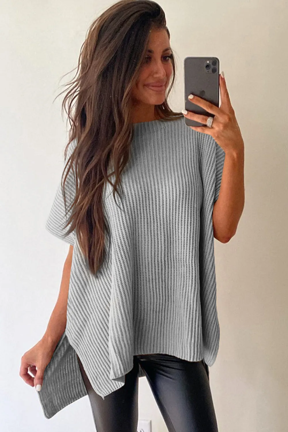 Gray Short Sleeve Side Slit Oversized Sweater