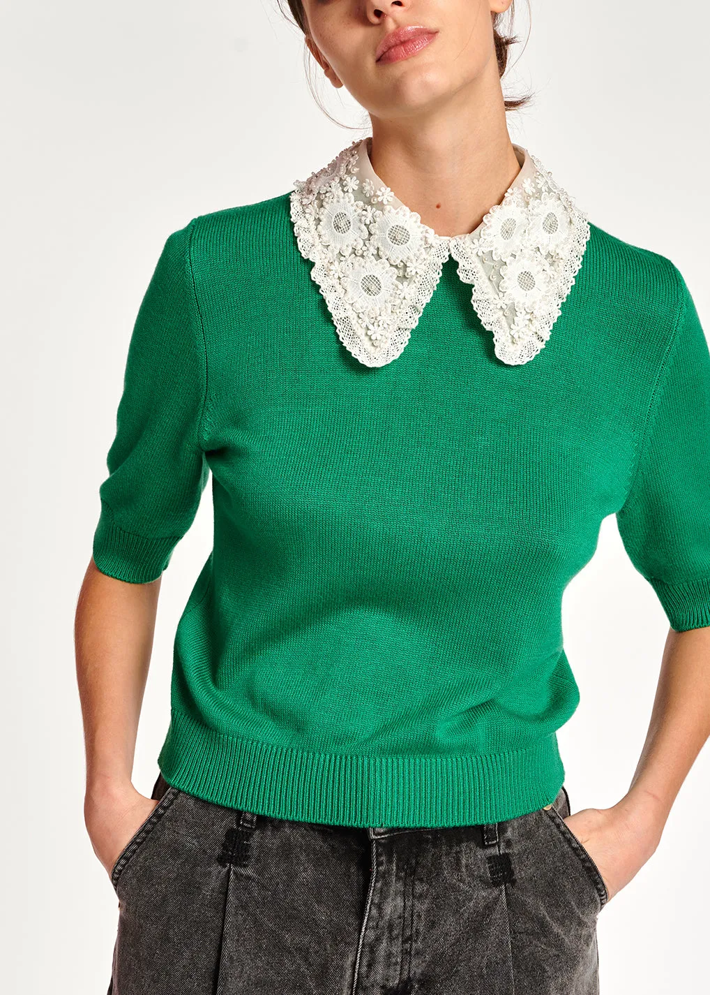 Green sweater with lace and pearl-embroidered collar