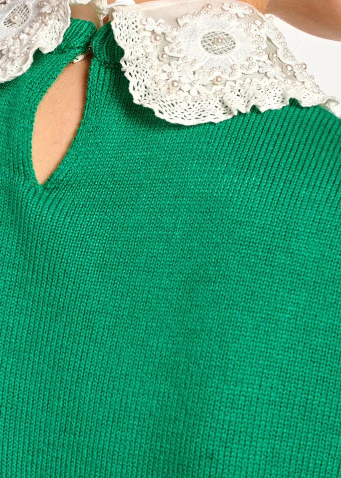 Green sweater with lace and pearl-embroidered collar