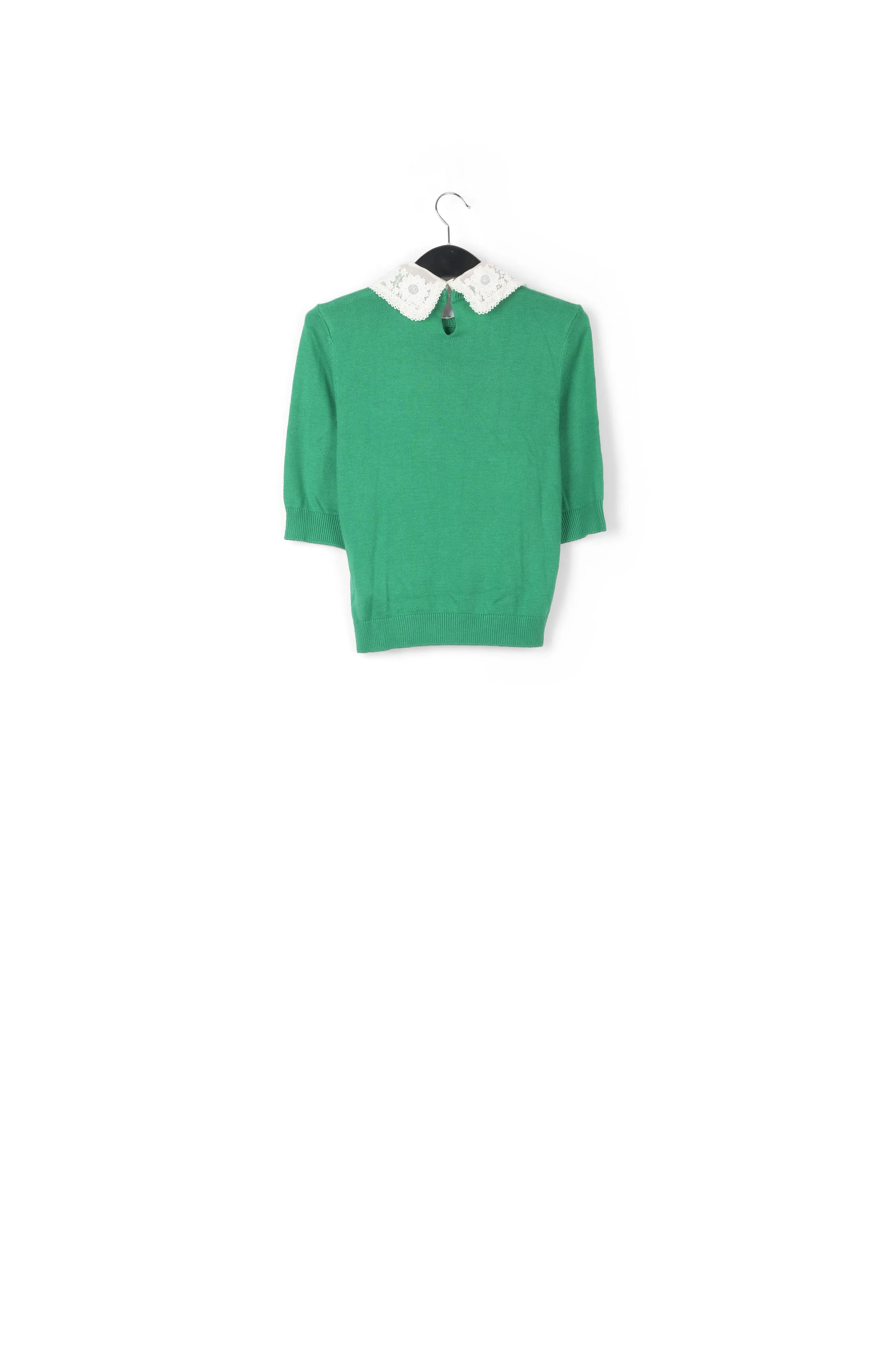 Green sweater with lace and pearl-embroidered collar