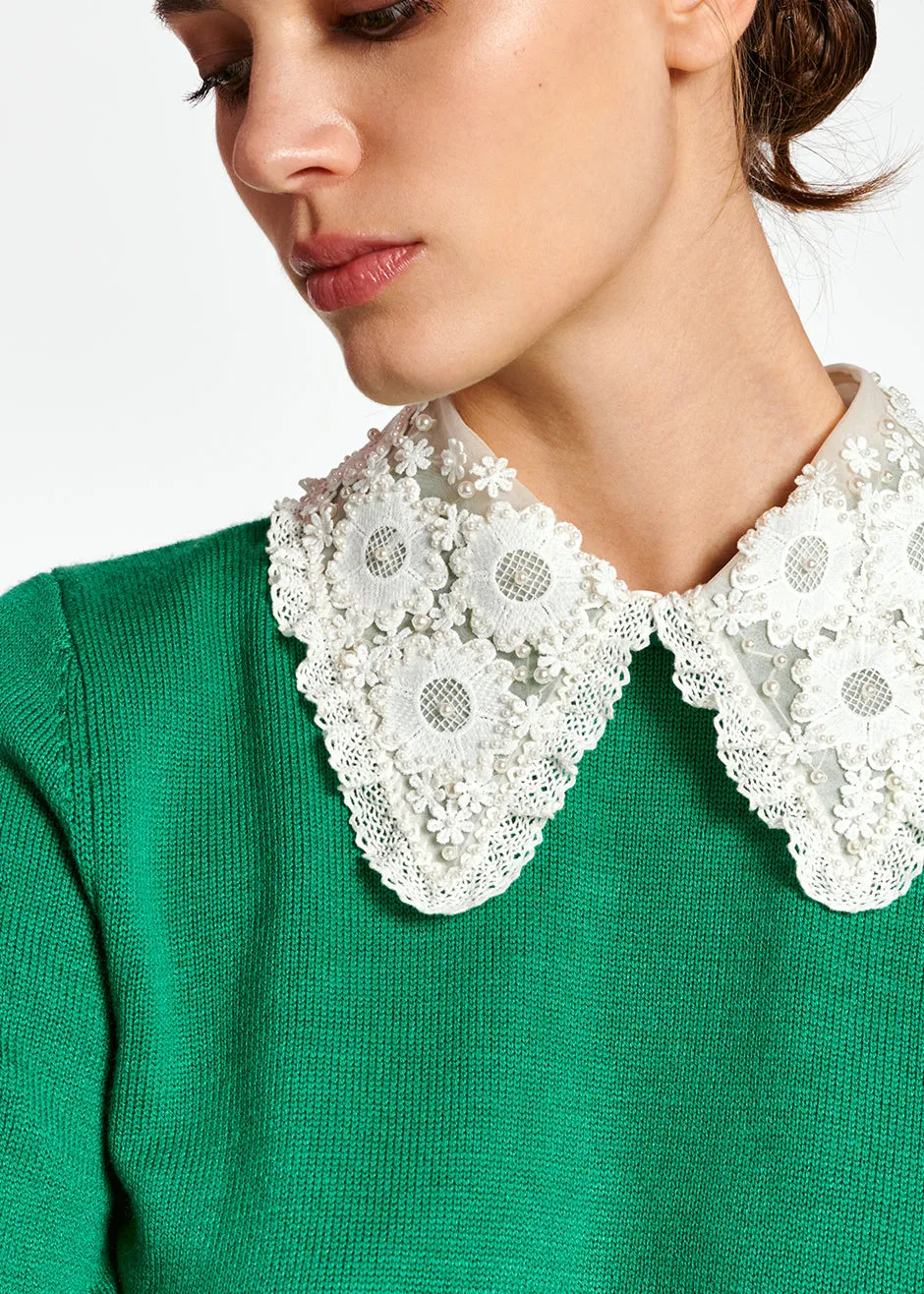 Green sweater with lace and pearl-embroidered collar