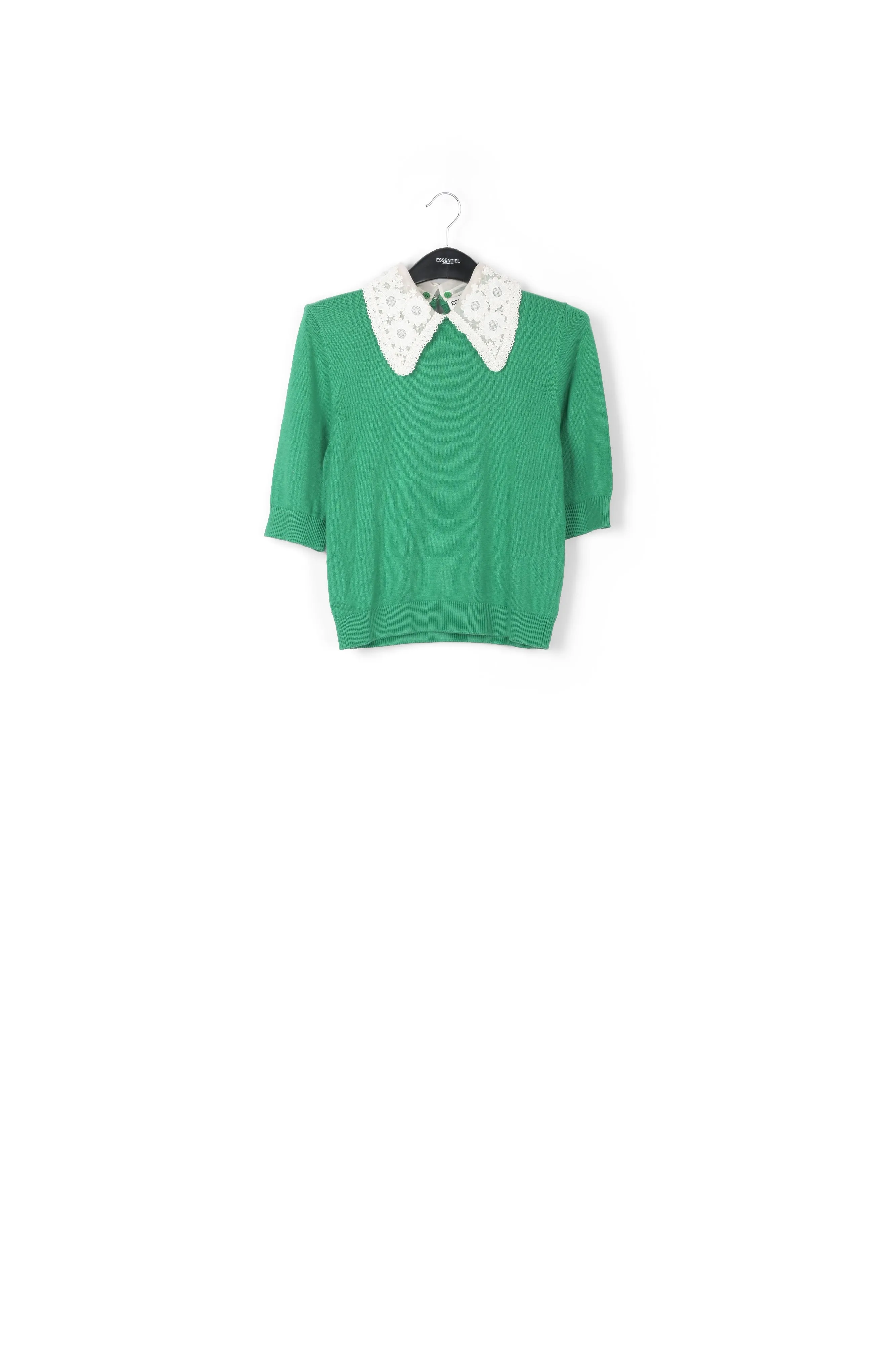 Green sweater with lace and pearl-embroidered collar