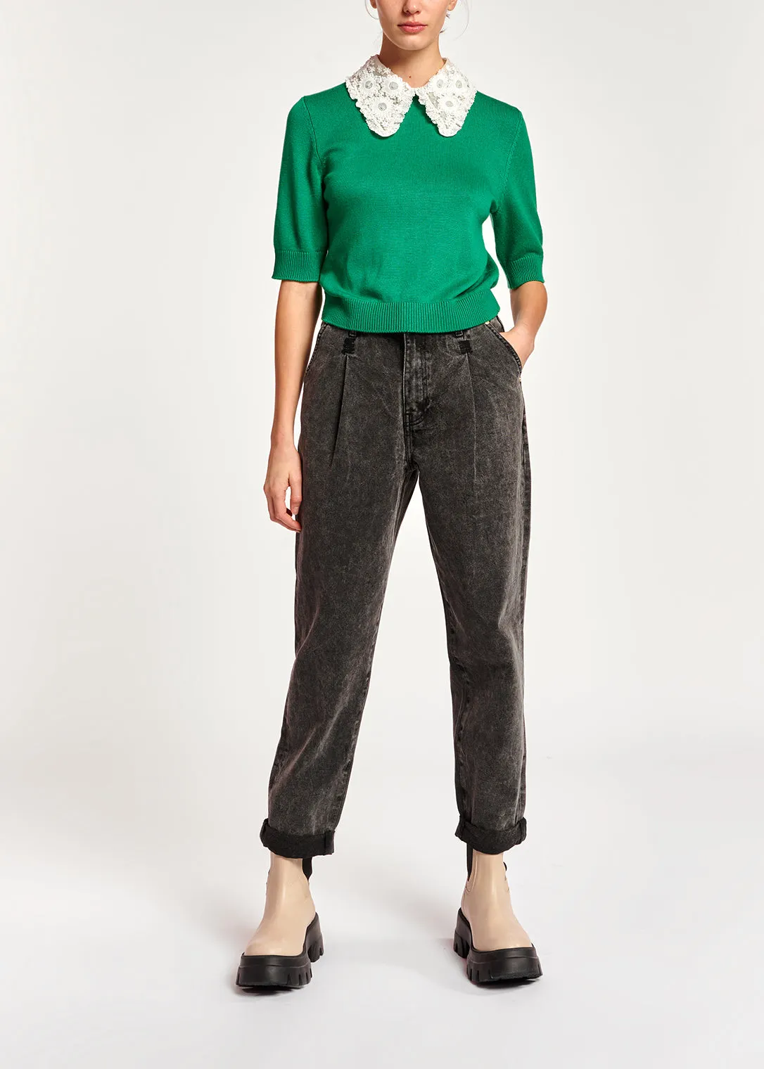 Green sweater with lace and pearl-embroidered collar