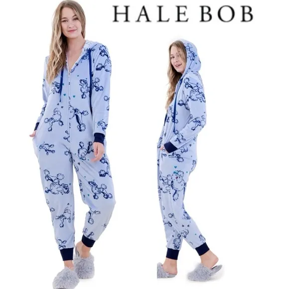 Hale Bob Onesie Zip Up Hoodie Pajamas with Poodle Print Size Large NWT $188