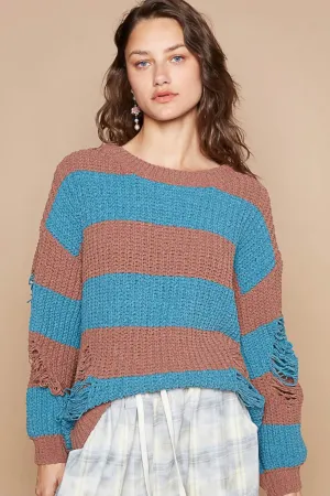 Hazel Blues® |  POL Striped Distressed Long Sleeve Sweater
