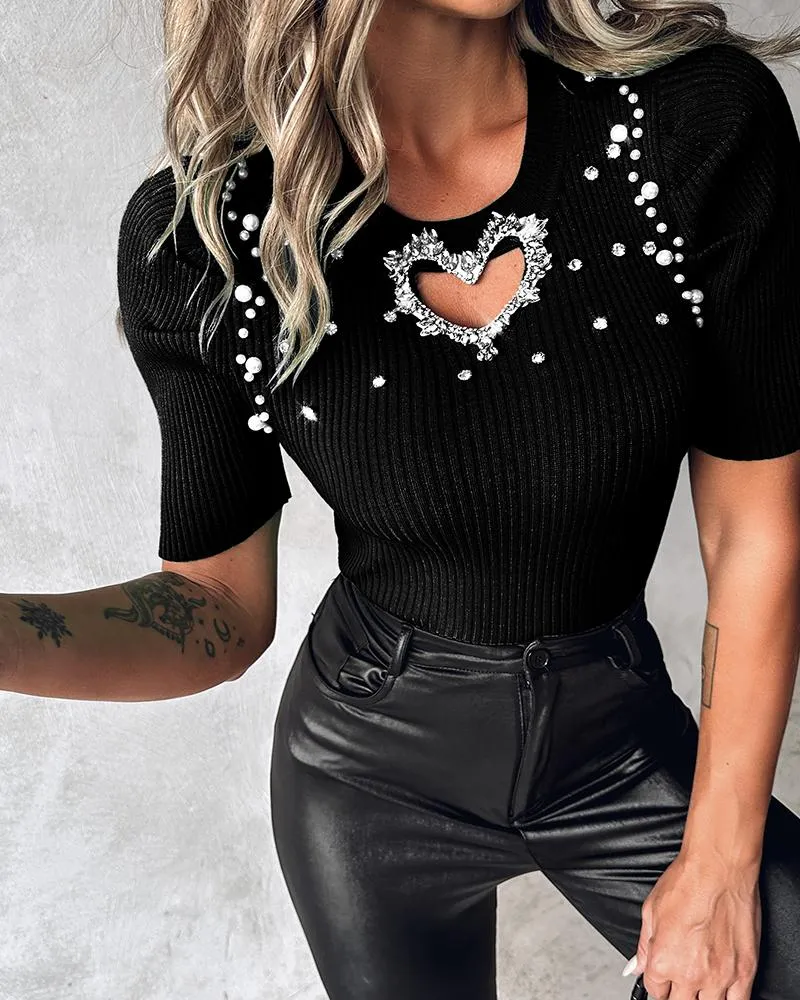 Hollow Heart Studded Rhinestone Beaded Knit Sweater