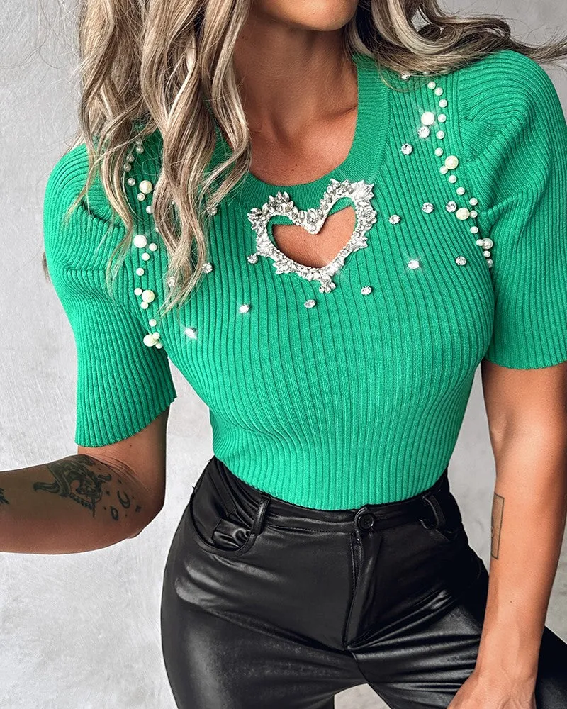 Hollow Heart Studded Rhinestone Beaded Knit Sweater