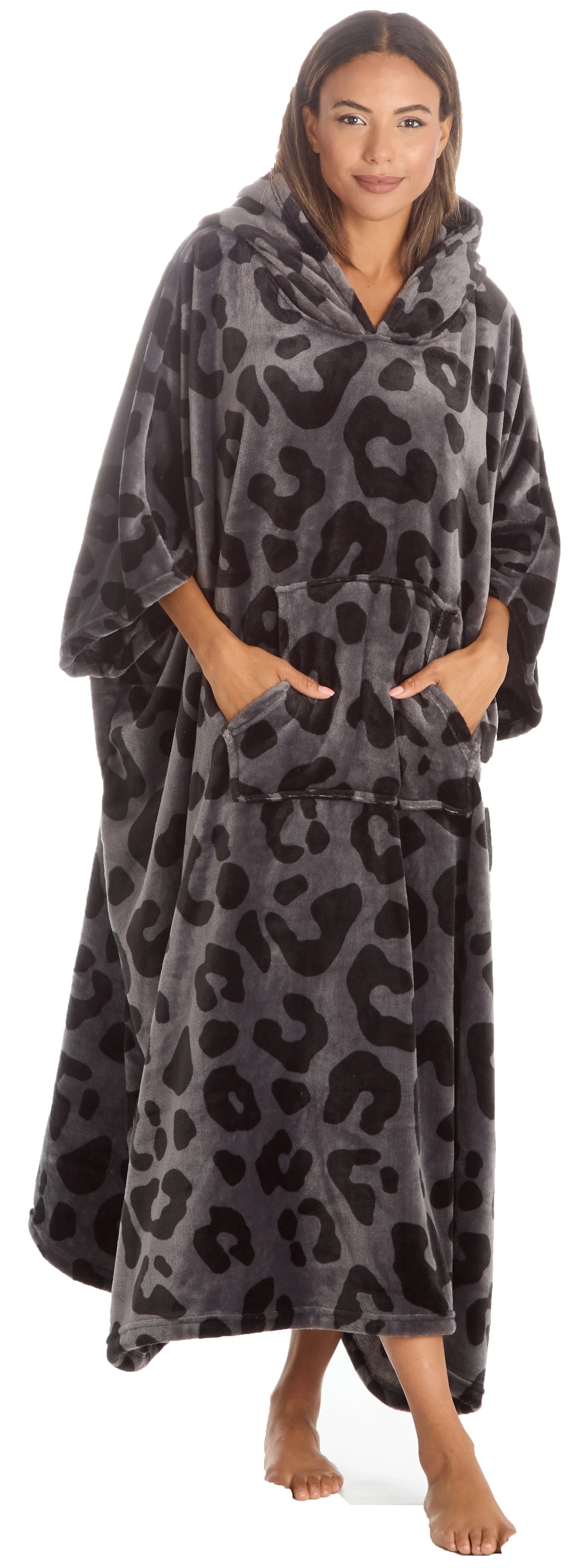 Huggable Hoodie Oversized Wearable Blanket Womens Fleece Hoody - Grey Panther