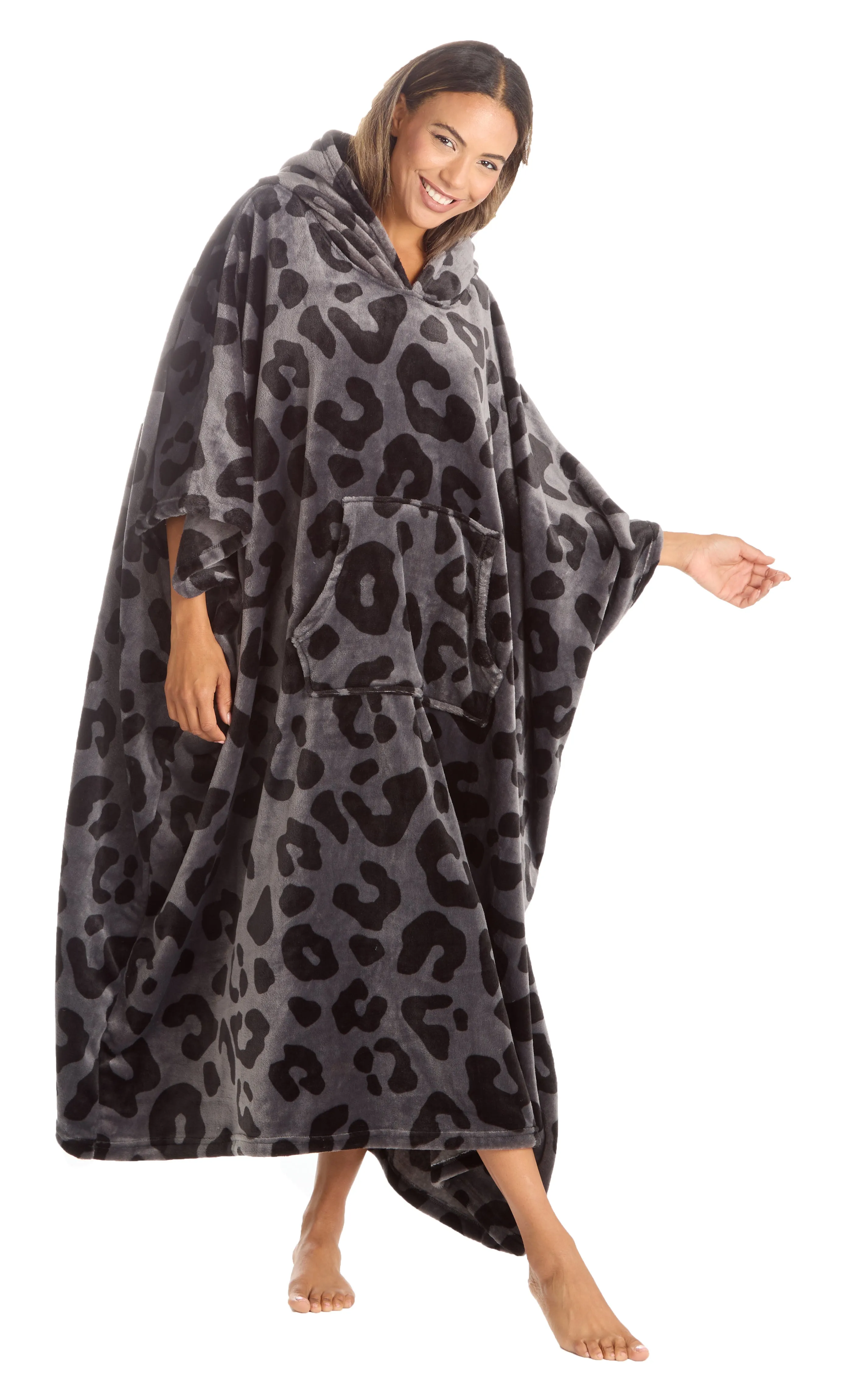 Huggable Hoodie Oversized Wearable Blanket Womens Fleece Hoody - Grey Panther