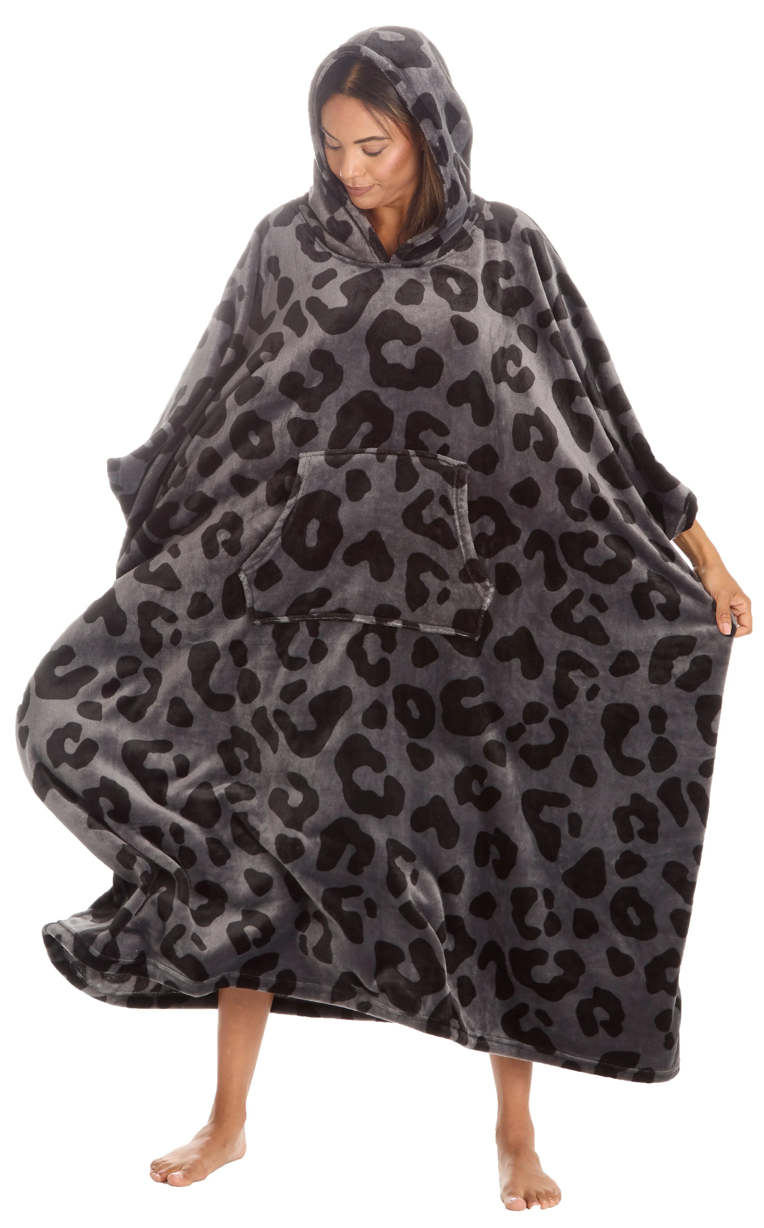 Huggable Hoodie Oversized Wearable Blanket Womens Fleece Hoody - Grey Panther