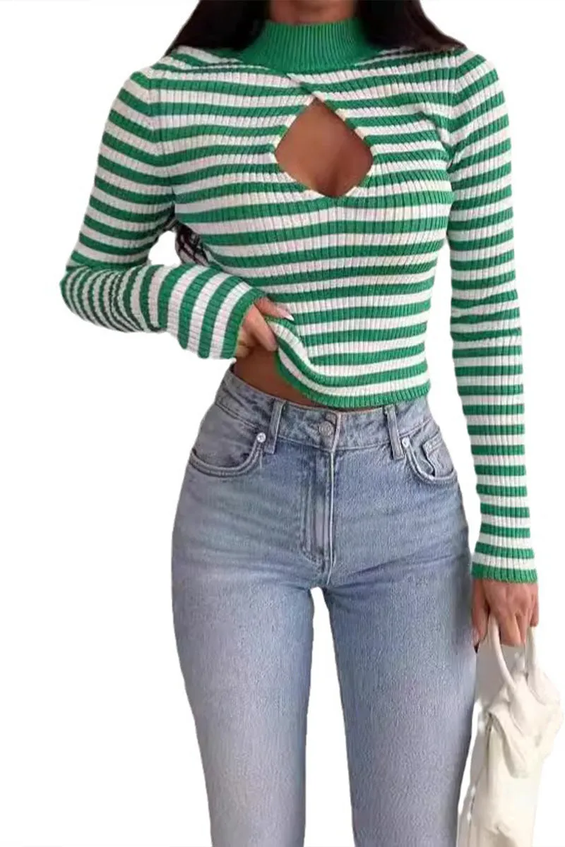HWQ1217 Striped Cutout Sweater Top