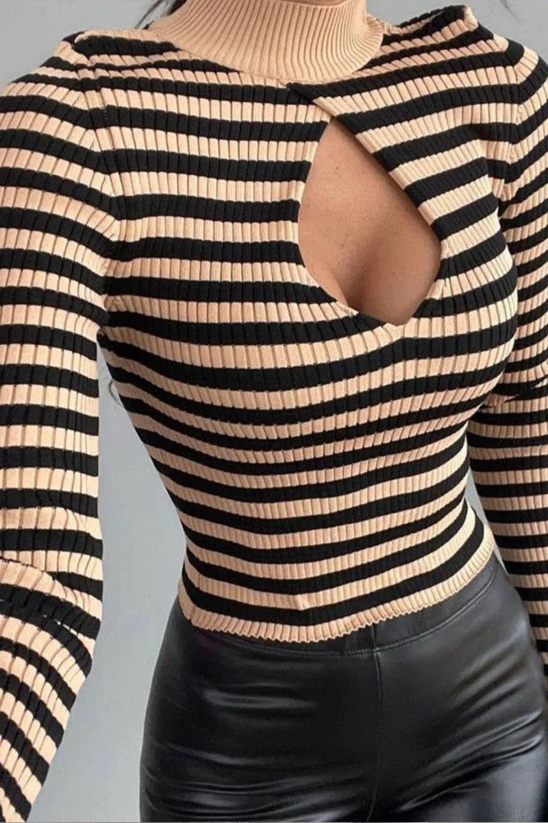 HWQ1217 Striped Cutout Sweater Top