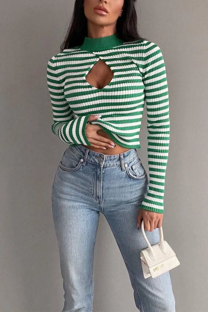 HWQ1217 Striped Cutout Sweater Top