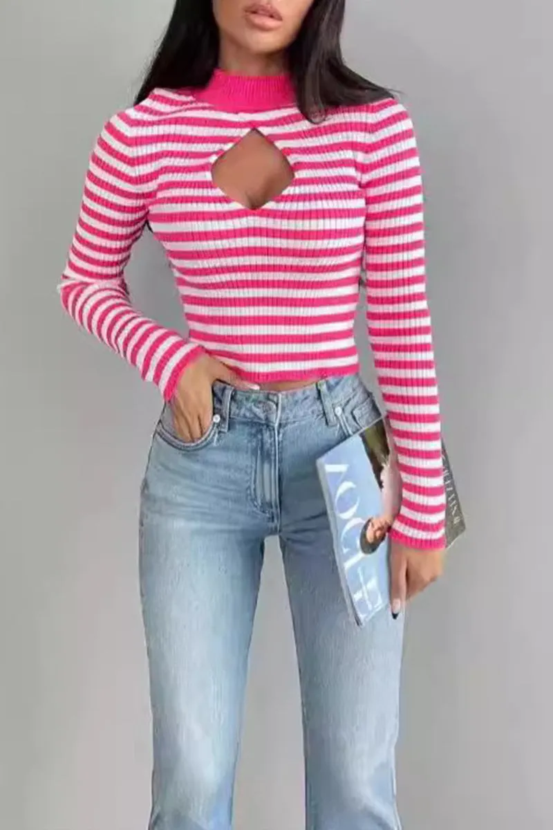 HWQ1217 Striped Cutout Sweater Top