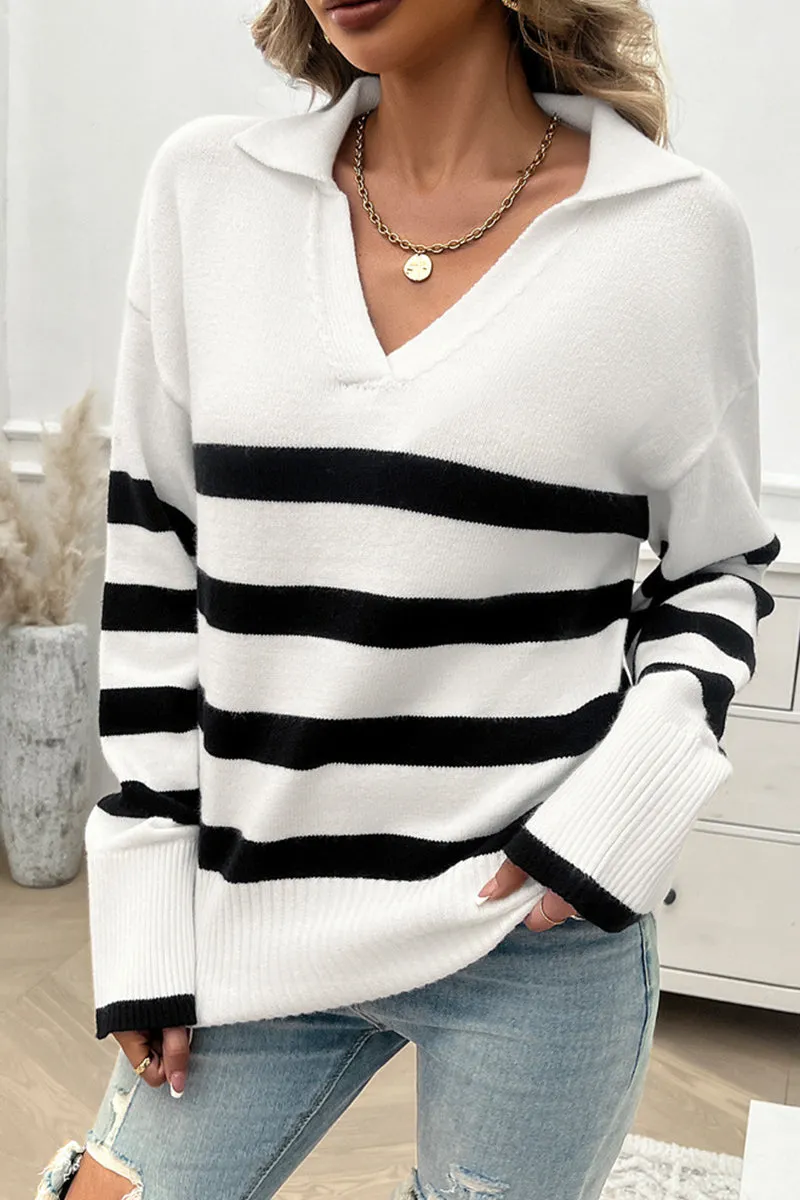 HWQ1227 Striped Pattern Collared Sweater