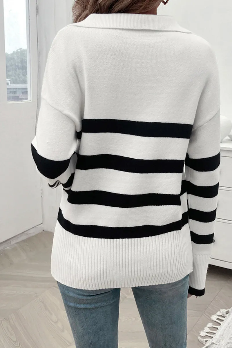 HWQ1227 Striped Pattern Collared Sweater