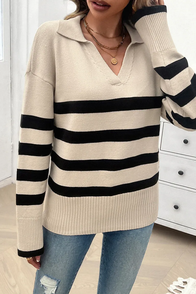 HWQ1227 Striped Pattern Collared Sweater