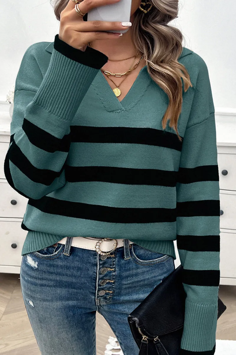 HWQ1227 Striped Pattern Collared Sweater