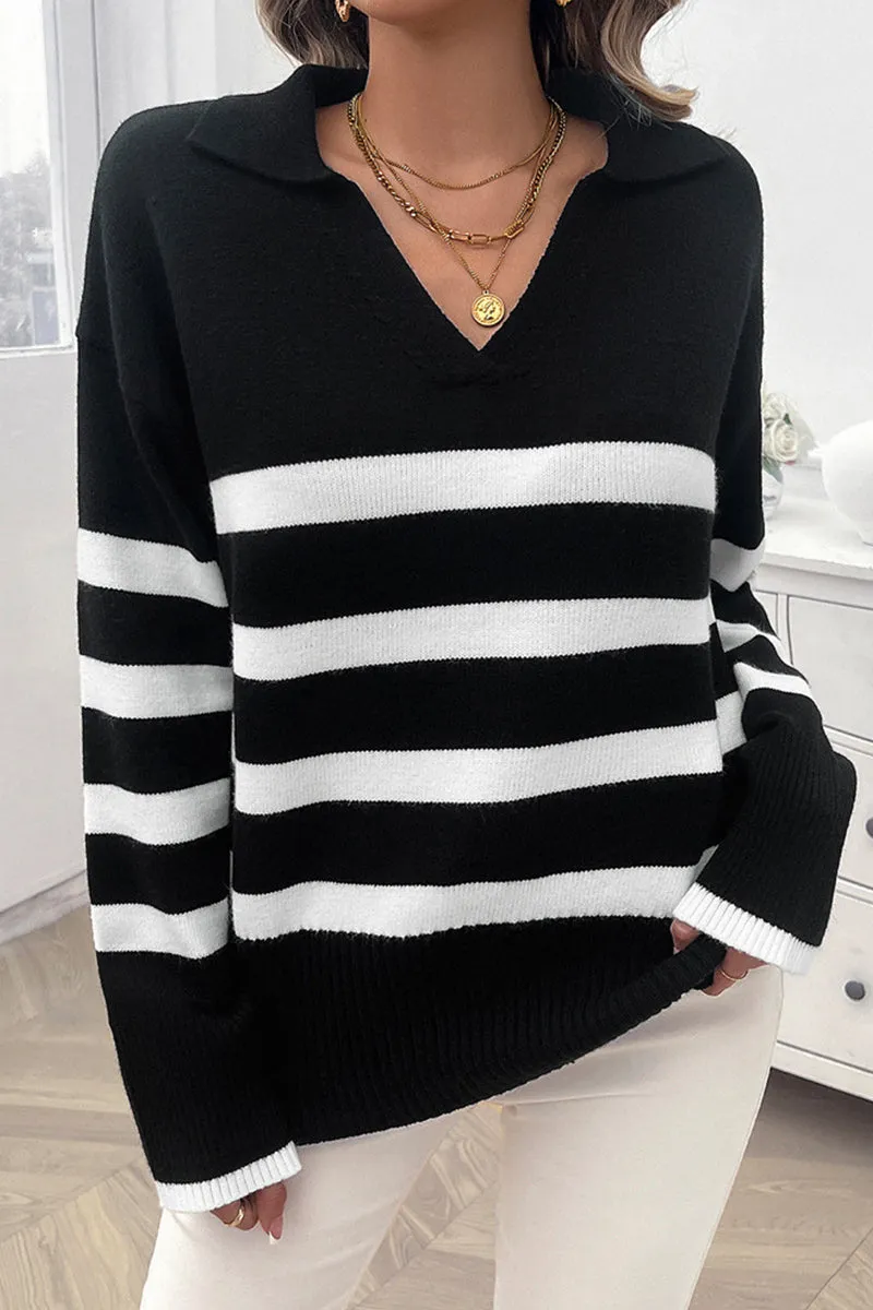 HWQ1227 Striped Pattern Collared Sweater