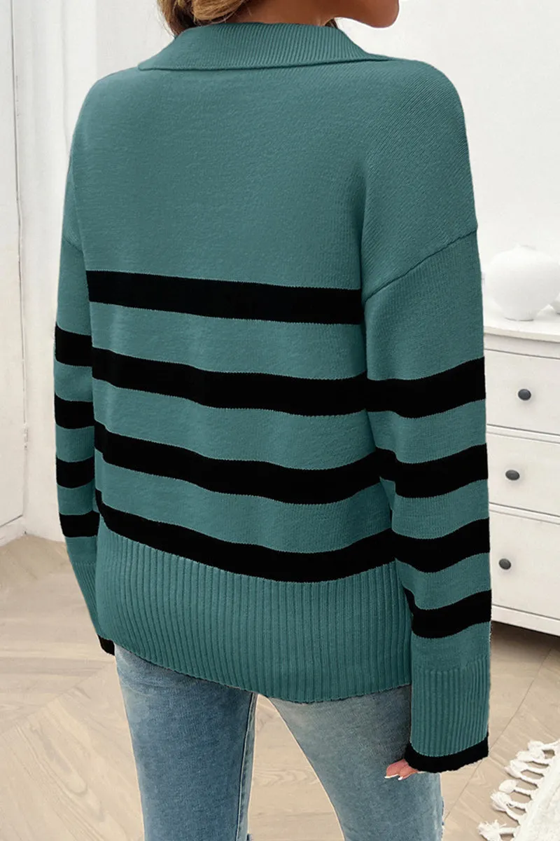 HWQ1227 Striped Pattern Collared Sweater
