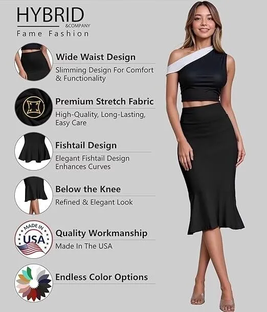 Hybrid & Company Premium Nylon Ponte Stretch Office Fishtail Pencil Skirt, Blk L