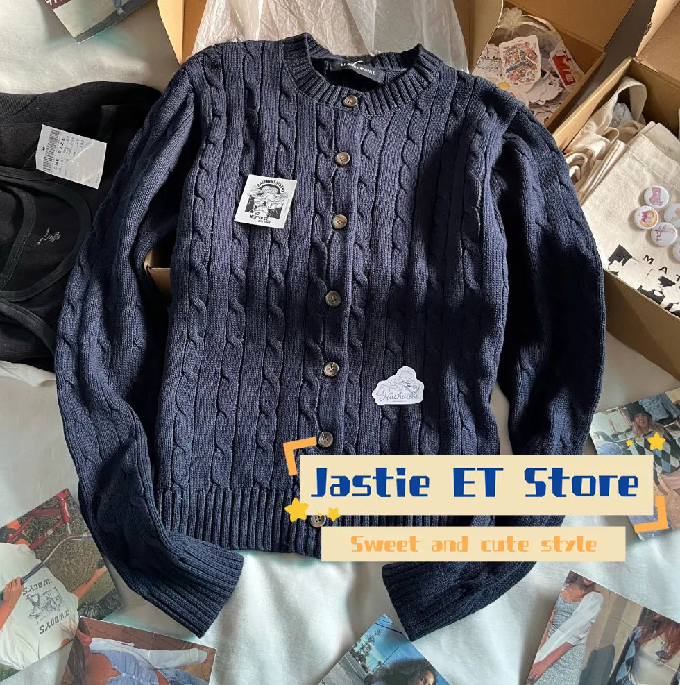 JazzHer Fall Winter V-neck Button Sweater Vintage Sweet Preppy Style Cardigans Coats Y2k Navy Blue Slim Short Jacket Sweater Women