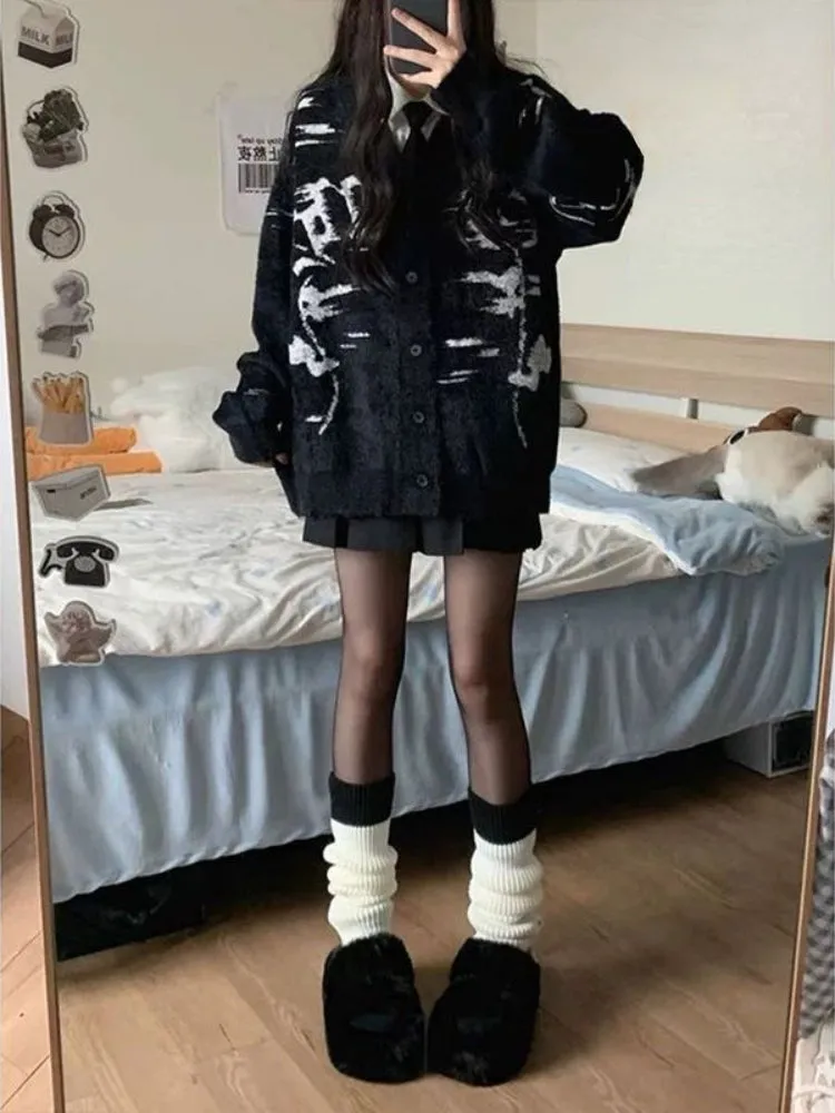 JazzHer Gothic Black Vintage Sweaters Women Oversized Knitted Cardigan Korean Style Jumper Autumn Winter Y2k Streetwear Harajuku Sweater