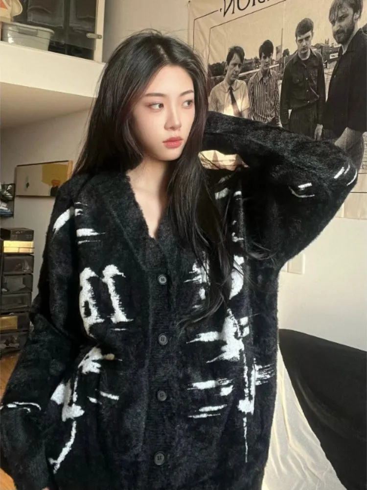 JazzHer Gothic Black Vintage Sweaters Women Oversized Knitted Cardigan Korean Style Jumper Autumn Winter Y2k Streetwear Harajuku Sweater