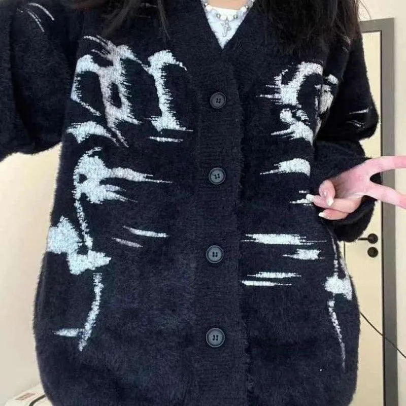 JazzHer Gothic Black Vintage Sweaters Women Oversized Knitted Cardigan Korean Style Jumper Autumn Winter Y2k Streetwear Harajuku Sweater