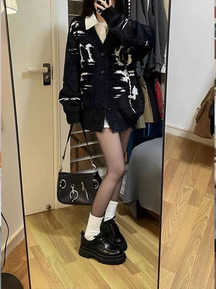 JazzHer Gothic Black Vintage Sweaters Women Oversized Knitted Cardigan Korean Style Jumper Autumn Winter Y2k Streetwear Harajuku Sweater