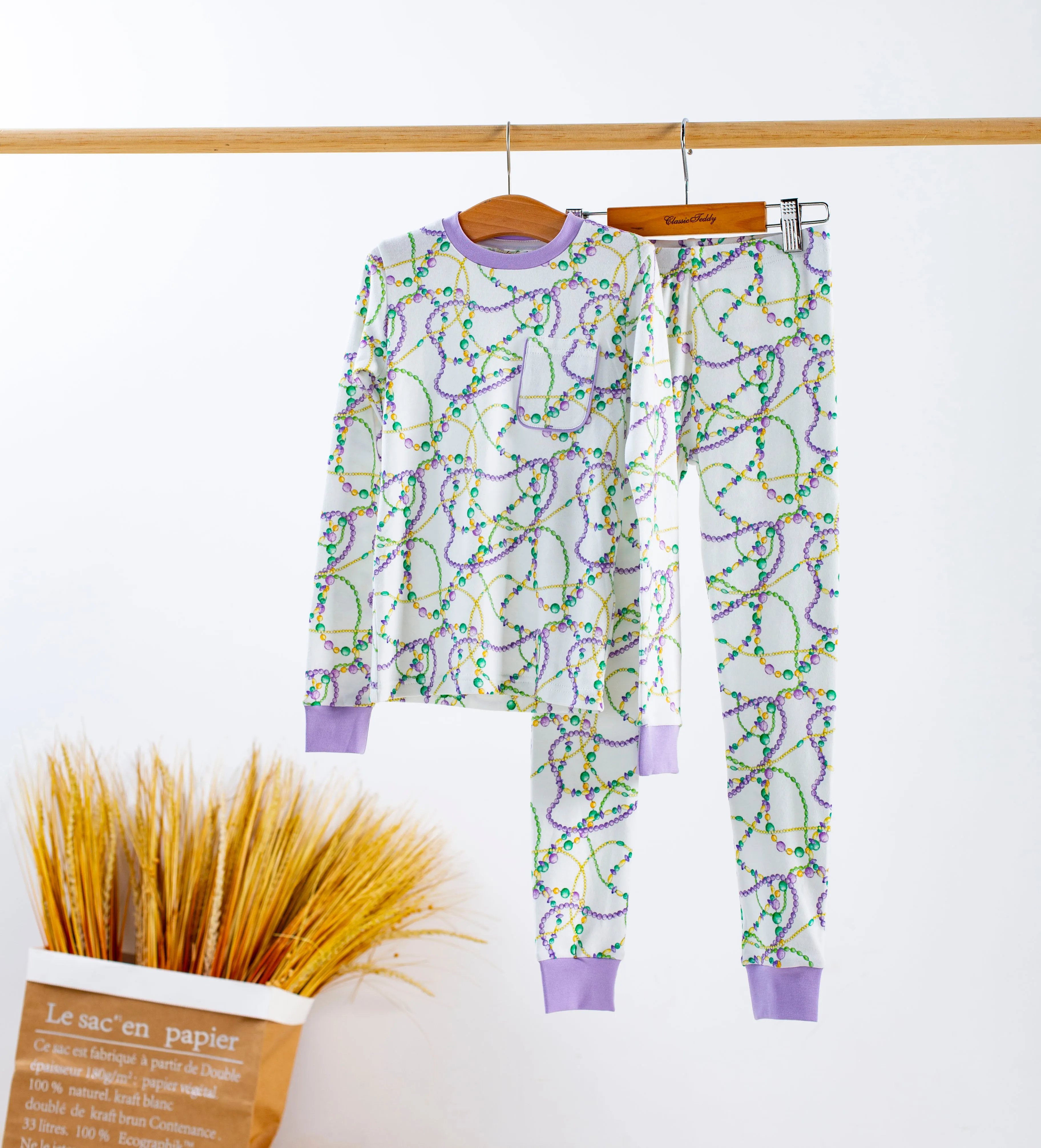 Just Here for the Beads Organic Cotton Kids Mardi Gras Pajamas