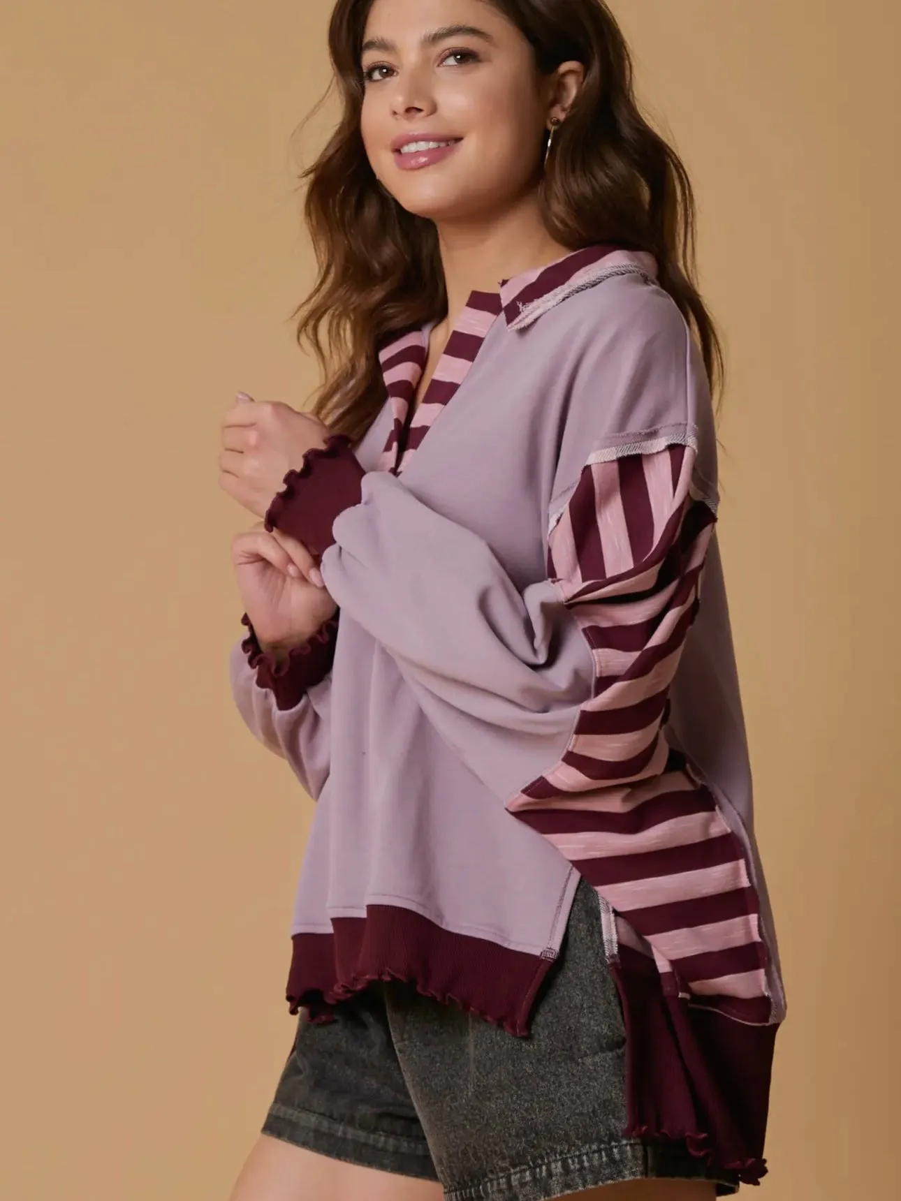 Just Stopping By Striped Top: Lilac Mix