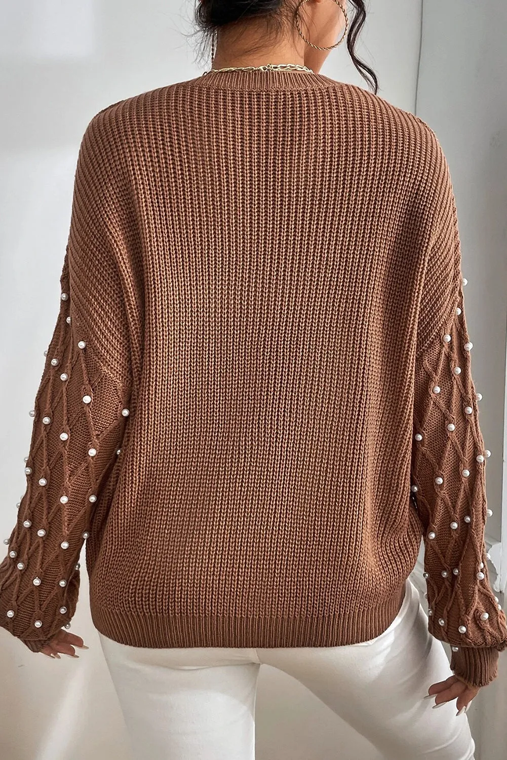KaleaBoutique Beaded Drop Shoulder Round Neck Sweater