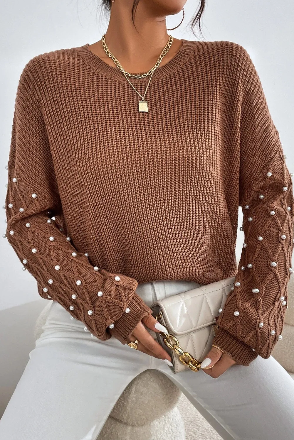 KaleaBoutique Beaded Drop Shoulder Round Neck Sweater